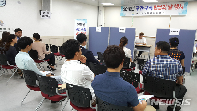 【나주=뉴시스】이창우 기자 = 23일 전남 나주시에 따르면 오는 25일 오후 2시부터 혁신도시 중앙호수공원 야외공연장에서 지역민 일자리 창출을 위한 '2018 잡(JOB)페스티벌'이 열린다. 사진은 나주시일자리센터가 주최한 구인·구직자 만남의 장. 2018.10.23. (사진=나주시 제공) photo@newsis.com