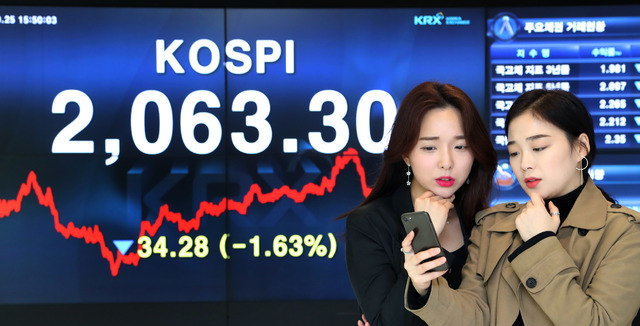 【서울=뉴시스】25일 코스피지수는 전 거래일(2097.58) 대비 34.28포인트(1.63%) 내린 2063.30에 마감했다. 2018.10.25 (사진=한국거래소 제공)