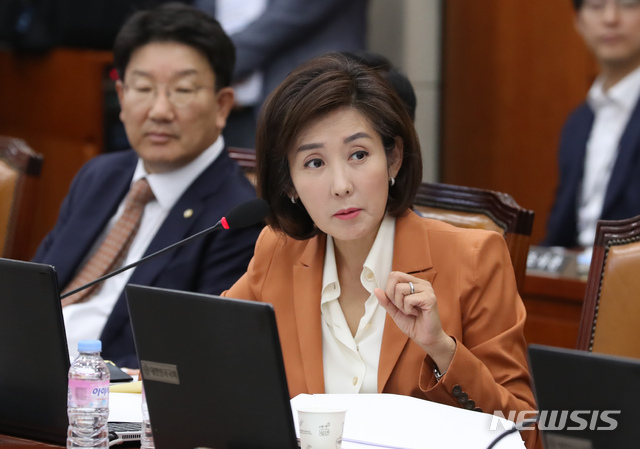 【서울=뉴시스】고승민 기자 = 25일 오전 서울 여의도 국회에서 열린 기획재정위원회의 기획재정부, 국세청, 관세청, 조달청, 통계청 국정감사에서 자유한국당 나경원 의원이 김동연 경제부총리 겸 기획재정부 장관에게 질의하고 있다. 2018.10.25.kkssmm99@newsis.com