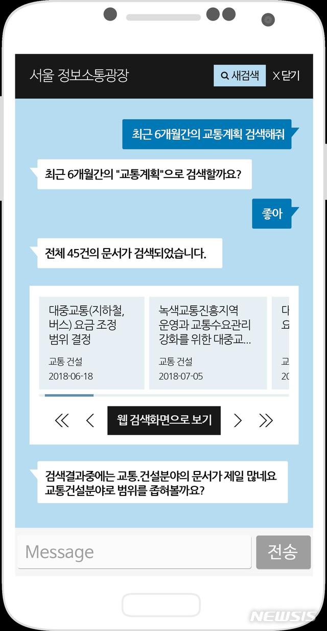 【서울=뉴시스】 29일 시에 따르면 서울 정보소통광장은 시나리오 기반 대화형 정보검색을 시장단 결재문서(원순씨와 함께 보는 문서 메뉴)에서 제공한다. 2018.10.29. (사진=서울시 제공)