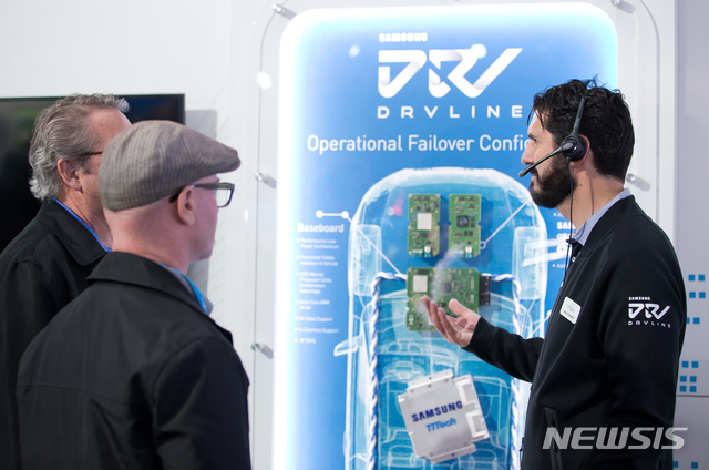 【서울=뉴시스】미국 라스베이거스 하드록 호텔 내 하만 전시장에서 하만 직원이 신개념 자율주행 솔루션 '드라이브라인' 플랫폼을 설명하고 있다. (사진 = 삼성전자 제공) 