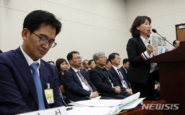 【서울=뉴시스】박영태 기자 = 29일 서울 영등포구 여의도 국회에서 열린 국회 교육위원회의 교육부, 그 소속기관, 공공기관 및 유관기관에 대한 오후 종합 국정감사에서 김용임 한국유치원총연합회 비대위 전북지회장 겸 대외협력부장이 의원 질의에 답변하고 있다. 2018.10.29.since1999@newsis.com