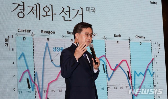 【서울=뉴시스】고범준 기자 = 김동연 경제부총리 겸 기획재정부 장관이 30일 오전 서울 영등포구 여의도 CCMM빌딩에서 열린 '2018 상생과 통일 포럼-폴리뉴스 제11차 경제포럼'에서 두 개의 길 한 개의 선택이란 주제로 기조강연을 하고 있다. 2018.10.30. bjko@newsis.com