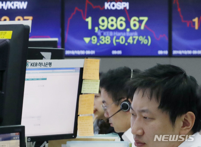 【서울=뉴시스】최동준 기자 = 코스피 지수가 전 거래일보다 9.38포인트(-0.47%) 내린 1,986.67로 장을 시작한 30일 오전 서울 중구 KEB하나은행 딜링룸에서 딜러들이 업무를 보고 있다. 2018.10.30.&nbsp; photocdj@newsis.com 