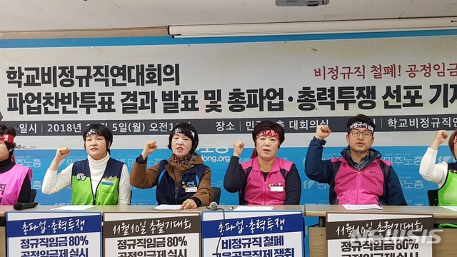 【서울=뉴시스】구무서 기자 = 전국학교비정규직연대회의는 5일 민주노총 대회의실에서 기자회견을 열고 비정규직 차별 철폐를 위한 정부와 교육감들의 책임을 촉구했다.