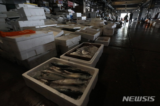 【서울=뉴시스】고승민 기자 = 노량진 구시장 이전 갈등과 관련해 수협이 사전고지 후 시장 전역에 단전 및 단수를 시행한 5일 오후 서울 노량진 구 수산시장이 어두컴컴하다.2018.11.05.kkssmm99@newsis.com