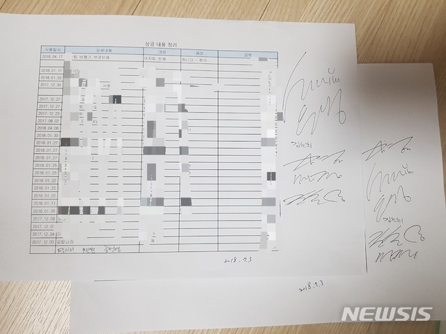 상금을 비용으로 사용한 정산 내역과 팀 킴 선수들의 서명 