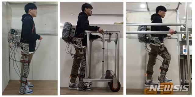 【진주=뉴시스】정경규 기자 = 보행보조 로봇을 착용한 모습(왼쪽), 보행보조로봇을 착용한 다리환자의 평지보행모습(가운데), 보행보조로봇을 착용한 다리환자의 계단보행모습(오른쪽).