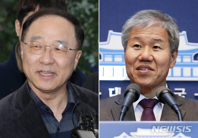 【세종=뉴시스】 홍남기(58·행정고시 29회·왼쪽) 경제부총리 겸 기획재정부 장관 후보자와 김수현(56·오른쪽) 신임 청와대 정책실장. 뉴시스 사진자료