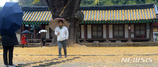 【전주=뉴시스】김얼 기자= 서늘한 바람과 함께 비가 내린 16일 전북 전주시 완산구 교동 전주향교 명륜당 앞에서 관광객들이 떨어져 내린 낙엽을 밟으며 늦가을의 정취를 느끼고 있다. 2018.11.16pmkeul@newsis.com