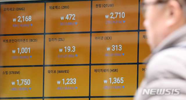 【서울=뉴시스】박주성 기자 = 비트코인이 전날에 이어 하락세를 보이고 있는 가운데 21일 오전 서울 시내 한 가상화폐거래소 전광판에 비트코인 등의 시세가 표시되고 있다. 2018.11.21. park7691@newsis.com