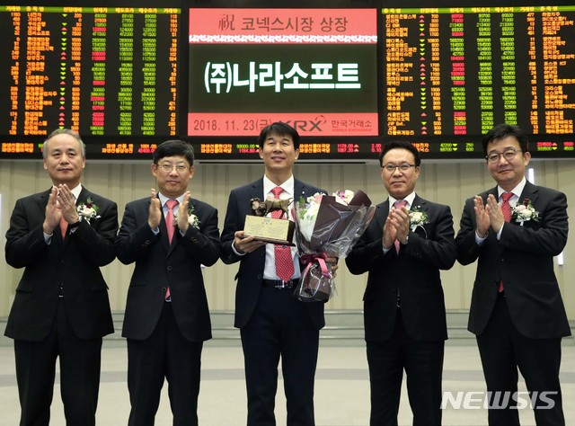 【서울=뉴시스】 한국거래소 코스닥시장본부는 지난해 11월23일 오전 서울 여의도 한국거래소 서울사옥 홍보관에서 스크린스포츠 솔루션 전문업체인 나라소프트의 코넥스시장 신규상장기념식을 개최했다. 왼쪽부터 최규준 한국IR협의회 부회장, 정운수 한국거래소 코스닥시장본부장, 김호상 나라소프트 대표이사, 조영현 IBK투자증권 부사장, 최욱 코넥스협회 부회장이 기념촬영을 하고 있다. 2018.11.23. (사진=한국거래소 제공) photo@newsis.com