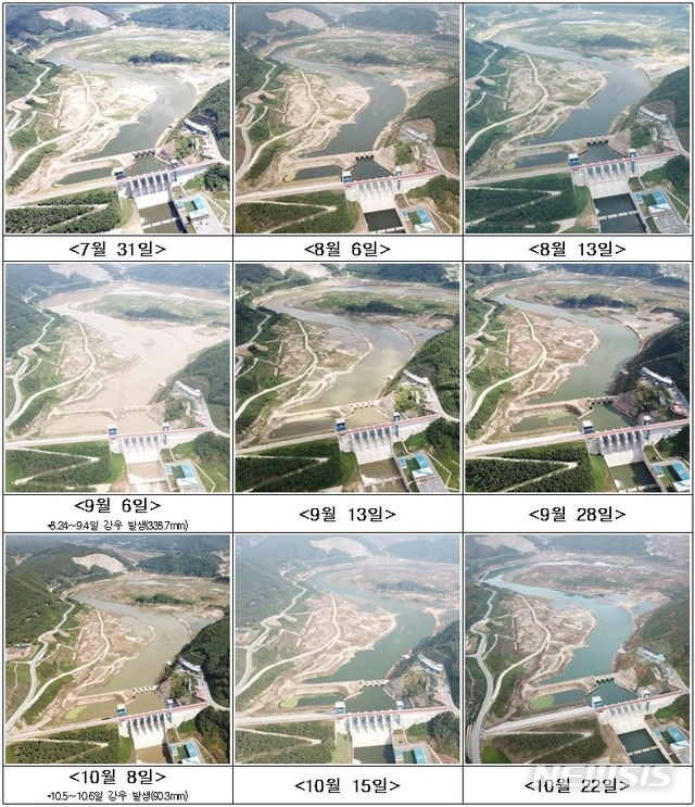 【영주=뉴시스】올해 7월31일부터 10월22일까지 무인항공기(드론)로 영주댐 상류 모습을 촬영한 모습. 2018.11.25.(사진 = 한국수자원공사 제공)photo@newsis.com