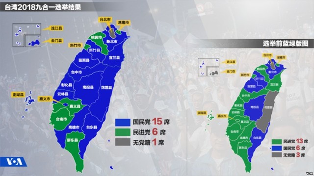 【서울=뉴시스】24일 실시된 대만 지방선거에서 집권 민진당이 참패하고 야당 국민당은 압승했다.  25일 대만 중앙선거위원회의 최종 당선자 발표에 따르면 국민당은 22개 현·시장 자리 중 3분의 2에 달하는 15곳을 차지했다. 미국의소리방송 그래픽으로 2014년과 이번 선거(2018년) 이후 대만 정치판도를 보여줬다. 민진당은 녹색, 국민당은 파란색으로 표기했다. <사진출처: 미국의소리방송 중국어판>2018.11.25