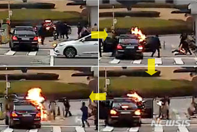 【서울=뉴시스】 최진석 기자 =70대 한 남성이 27일 오전 서울 서초구 대법원에서 출근하는 김명수 대법원장 출근차량에 화염병을 투척하고 경비들에게 제압당하고 있다. 사진은 블랙박스영상 캡쳐한 사진을 위에서부터 순서대로 배열하였다. 2018.11.27. (사진=김정수씨 제공)&nbsp; photo@newsis.com 