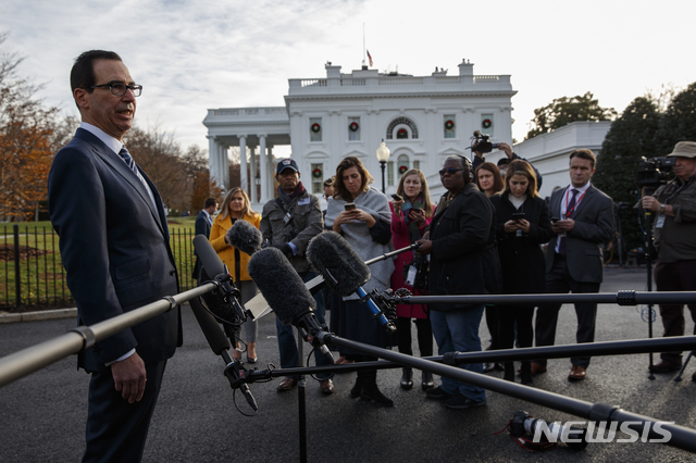Treasury Secretary Steve Mnuchin talks with reporters about trade negotiations with China, at the White House, Monday, Dec. 3, 2018, in Washington. (AP Photo/Evan Vucci)