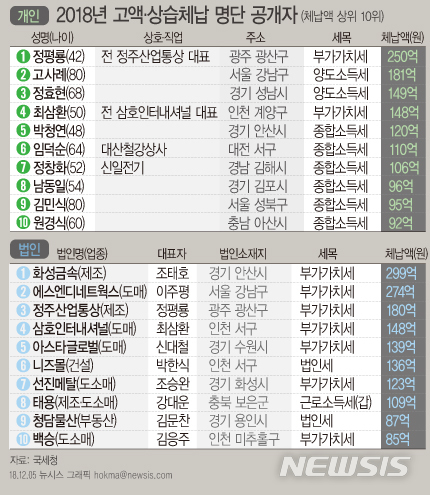 【서울=뉴시스】]2018년 고액·상습체납 명단 공개자. 자료: 국세청