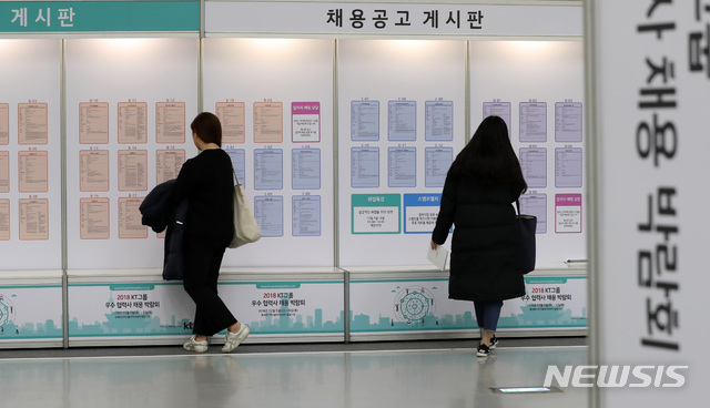 【서울=뉴시스】이영환 기자 = 5일 오후 서울 중구 동대문디자인플라자(DDP) 알림 1관에서 열린 2018 KT그룹 우수 협력사 채용 박람회를 찾은 구직자들이 채용공고 게시판을 살펴보고 있다. 2018.12.05. 20hwan@newsis.com