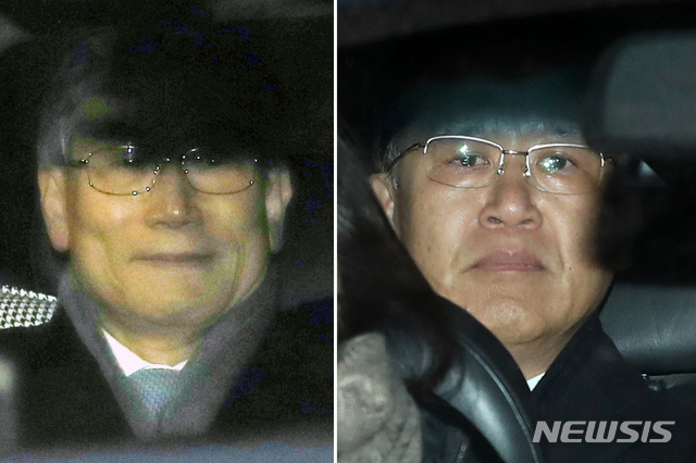 【의왕=뉴시스】박주성 기자 = 박병대(오른쪽 61·사법연수원 12기) 전 대법관과 고영한(63·11기) 전 대법관이 7일 오전&nbsp; 경기도 의왕 서울구치소를 나서고 있다. 2018.12.07. park7691@newsis.com