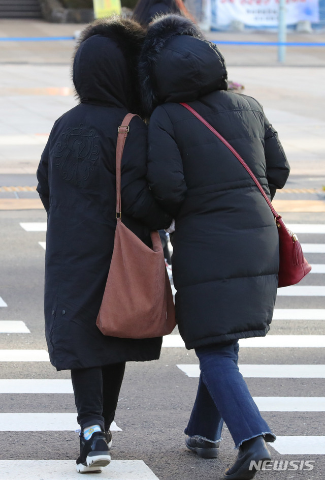 【서울=뉴시스】배훈식 기자 = 연일 매서운 추위가 계속된 지난 7일 오전 서울 종로구 세종대로에서 롱패딩을 입은 시민들이 발걸음을 재촉하고 있다. 2018.12.07. dahora83@newsis.com