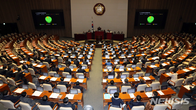 【서울=뉴시스】박영태 기자 = 7일 오후 서울 영등포구 여의도 국회에서 열린 제364회 국회(정기회) 제15차 본회의에서 도로교통법 일부개정법률안(대안)이 가결되고 있다. 2018.12.07.since1999@newsis.com