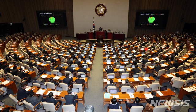 【서울=뉴시스】박영태 기자 = 7일 오후 서울 영등포구 여의도 국회에서 열린 제364회 국회(정기회) 제15차 본회의에서 뉴스통신 진흥에 관한 법률 일부개정법률안이 가결되고 있다. 2018.12.07. since1999@newsis.com