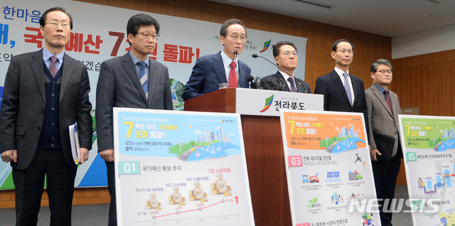 【전주=뉴시스】김얼 기자= 2019년도 전라북도 국가 예산 확보 기자회견이 8일 전북 전주시 전북도청 브리핑룸에서 실시된 가운데 송하진 전북도지사와 안호영 더불어민주당 전북도당 도당위원장, 정운천 바른미래당 전북도당 도당위원장, 김송일 전라북도 행정부지사, 최정호 전라북도 정무부지사가 참석해 기자들의 질의에 답변하고 있다. 2018.12.08pmkeul@newsis.com