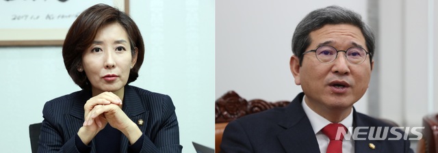 【서울=뉴시스】정윤아 기자 = 자유한국당 원내대표 선거에 출마하는 나경원, 김학용 의원.