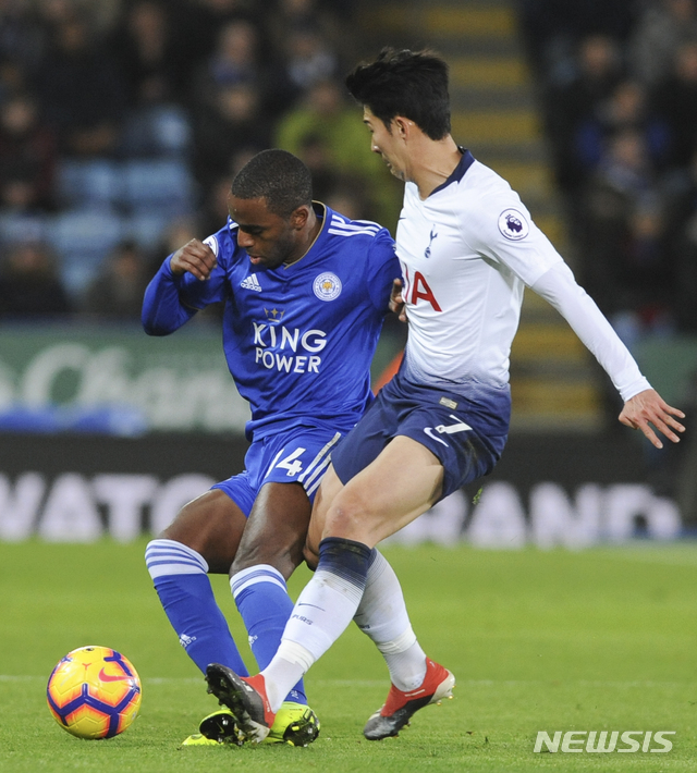 Leicester's Ricardo Pereira, left, challenge for the ball with Tottenham's Heung-Min Son during the English Premier League soccer match between Leicester City and Tottenham Hotspur at the King Power Stadium in Leicester, England, Saturday, Dec. 8, 2018. (AP Photo/Rui Vieira)