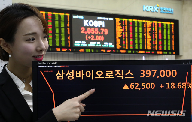 【서울=뉴시스】이영환 기자 = 삼성바이오로직스 거래가 재개된 지난해 12월11일 오전 서울 영등포구 한국거래소 모니터에 주가가 표시되고 있다.삼성바이오로직스는 한국거래소 기업심사위원회가 거래 재개 및 상장 유지 결정을 내려 이날 거래가 재개됐다. 2018.12.11. 20hwan@newsis.com