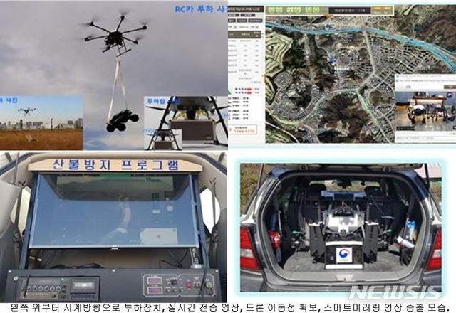 【보은=뉴시스】이성기 기자 = 산림청 보은국유림관리소가 산불과 산림재해, 산림사업 등에 다목적으로 활용할 수 있도록 자체개발한 드론의 활용 모습.(사진=보은국유림관리소 제공) photo@newsis.com