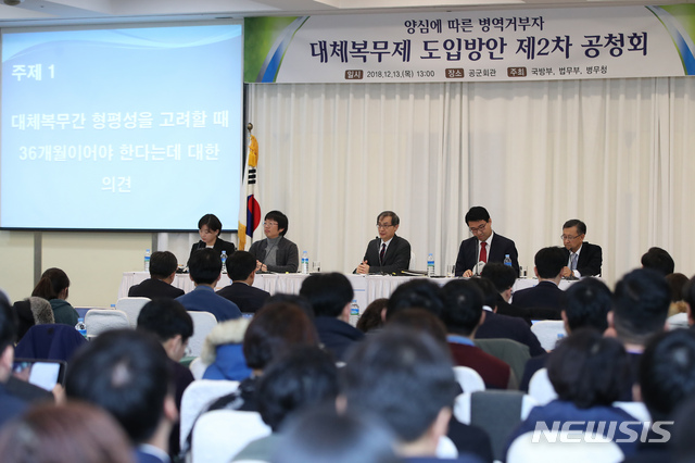 【서울=뉴시스】이윤청 수습기자 = 13일 오후 서울 영등포구 공군회관에서 '종교 또는 개인적 신념 등 양심에 따른 병역거부자 대체복무제 도입방안 제2차 공청회'가 열리고 있다. 이번 공청회에서는 국민적 관심이 큰 복무기간, 복무분야, 심사위원회의 소속 등과 관련해 진보·보수 시민단체 추천 토론자들이 참석해 서로 다른 입장과 논거를 제시하는 '주제별 심층 토론' 방식으로 진행됐다. 2018.12.13. radiohead@newsis.com