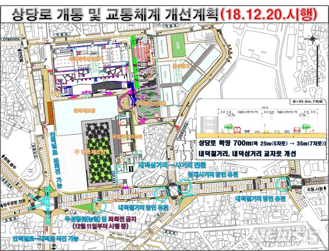 【청주=뉴시스】강신욱 기자 = 충북 청주시는 경제기반형 도시재생 선도지역 기반시설 확충사업의 하나로 추진한 상당로 구간 도로를 5차로에서 7차로로 확장해 20일 전면 개통한다. 사진은 상당로 개통과 교통체계 개선계획도. 2018.12.19. photo@newsis.com