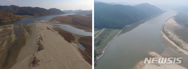 【서울=뉴시스】지난해 11월16일 촬영한 창녕함안보 황강 합류부(왼쪽)와 보를 확대 개방해 해발수위를 3.3m까지 낮춘 올해 10월16일(오른쪽)을 비교한 모습. 2018.12.19.(사진 = 환경부 제공)photo@newsis.com