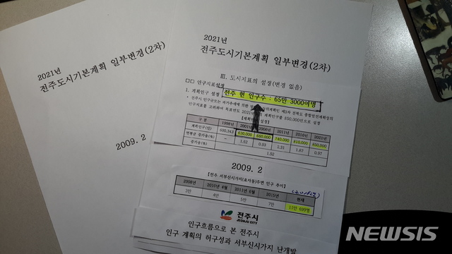 【전주=뉴시스】심회무 기자 = 전주시 서부신시가지 개발은 16년전인 지난 2002년 시작됐다. 인구 85만명 달성 목표는 사라지고 오히려 인구가 줄었다고 할 정도로 정체를 보이고 있다. 반면 전주시는 서부신시가지 개발을 하면서 전주 인구 20%를 이 곳에 몰아넣었다. 사진은 뉴시스가 전주시 도시 기본 계획에서 나타난 것을 부분 편집한 것이다. 2018.12.21.