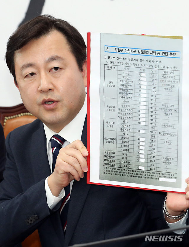 【서울=뉴시스】이종철 기자 = 지난달 26일 서울 여의도 국회에서 열린 자유한국당 청와대 특감반 진상조사단 회의에서 김용남 전 의원이 '환경부 산하기관 임원들의 사퇴 등 관련 동향' 문건을 공개하고 있다. 2018.12.26.jc4321@newsis.com