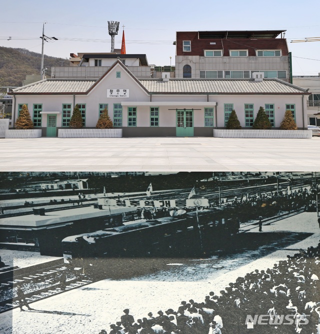 【청주=뉴시스】강신욱 기자 = 충북 청주시는 쇠퇴한 구도심 상권 활성화 방안으로 추진한 구 청주역사 재현 및 환경정비사업을 완료하고 상당구 북문로2가 113-2 일대 옛 청주역사 전시관을 7일 개관한다. 사진은 옛 청주역사 전시관(위)과 1921년 11월 개통식 모습. 2019.01.04. (사진=청주시 제공) photo@newsis.com