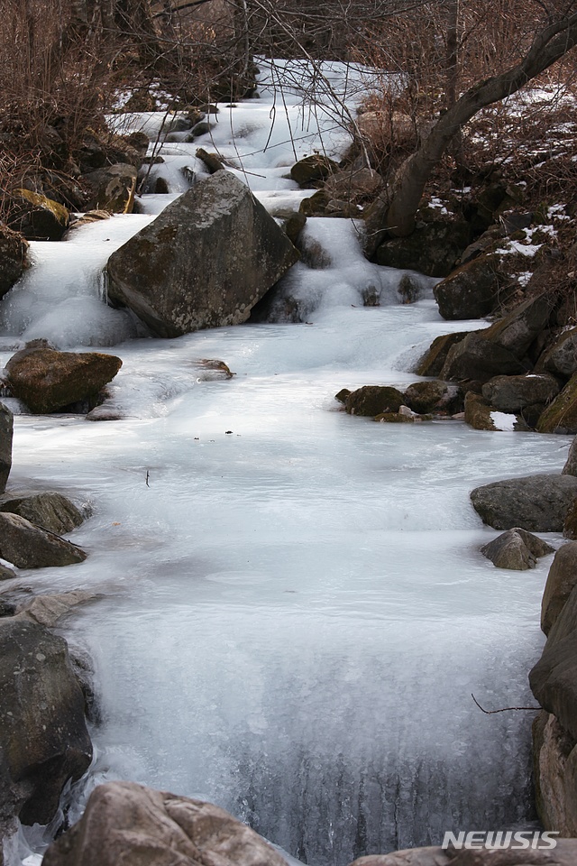 【태백=뉴시스】김태식 기자 = 5일 연일 계속되는 추위에 강원 태백시 태백산국립공원 당골계곡이 꽁꽁 얼어 있다.2019.01.05. newsenv@newsis.com
