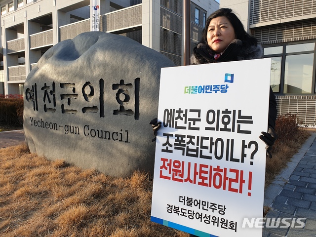 【예천=뉴시스】김진호 기자 = 9일 경북 예천군의회 청사 앞에서 더블어민주당 경북도당 여성위원회 관계자가 '예천군의회는 조폭집단이냐. 전원 사퇴하라'는 문구가 적힌 피켓을 들고 1인 시위를 하고 있다. 2019.01.09&nbsp; kjh9326@newsis.com 