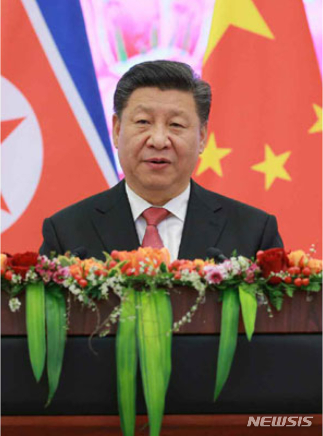 【서울=뉴시스】 지난 1월 김정은 북한 국무위원장의 4차 방중 때 만찬에서 연설하는 시진핑 중국 국가주석. 2019.01.10. (출처=노동신문)  photo@newsis.com