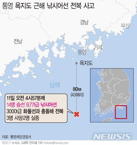 【서울=뉴시스】11일 오전 4시57분께 경남 통영시 욕지도 남쪽 약 80㎞ 해상에서 낚시어선 ‘무적호’가 전복됐다. (그래픽=안지혜 기자)&nbsp; hokma@newsis.com 