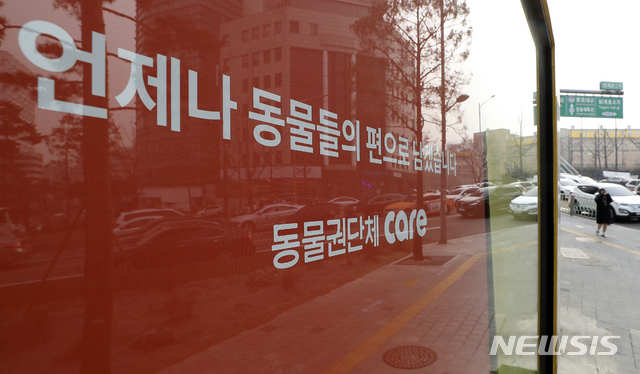 【서울=뉴시스】최진석 기자 = 동물들을 안락사시켜왔다는 폭로가 나온 동물권단체 '케어' 측에 후원 중단 전화 및 메일이 폭주하고 있는 것으로 알려진 14일 오후 케어 입양소로 사용됐던 서울 중구 한 건물에 케어 관련 문구가 보이고 있다.&nbsp; 한편 박소연 대표는 이르면 오는 16일 기자회견을 열 것으로 전해졌으며, 사퇴 의사는 없는 것으로 알려졌다. 2019.01.14. myjs@newsis.com