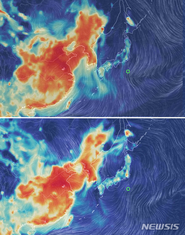 【서울=뉴시스】 사흘째 최악의 초미세먼지가 기승을 부리고 있는 15일 중국에서부터 이동하는 붉은 초미세먼지(PM2.5) 표시가 한반도를 뒤덮고 있다. 붉은색이 진할수록 초미세먼지(PM2.5) 농도가 짙다.&nbsp; 미국 국립기상청의 데이터를 기반으로 지표면의 기상 상황을 나타내는 사이트(earth.nullschool.net)에 초미세먼지가 이동하는 모습. 사진은 14일 오전 earth.nullschool.net 사이트(위)와 15일 오전 같은 시간 earth.nullschool.net 사이트(아래). 2019.01.15. (사진=earth.nullschool.net 캡처)&nbsp; photo@newsis.com