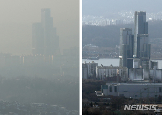 【서울=뉴시스】고승민 기자, 이윤청 수습기자 = 사흘동안 전국을 강타했던 미세먼지와 초미세먼지가 16일 물러가고 보통, 좋음 상태를 나타냈다. 미세먼지가 가장 심했던 14일(왼쪽) 서울 남산서 바라본 도심 대기와 16일 쾌청한 모습. 2019.01.16.kkssmm99@newsis.com