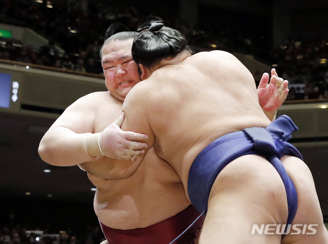 【도쿄=AP/뉴시스】일본 스모의 일인자 기세노사토 유타카(왼쪽)가 15일 도쿄에서 열린 신년스모대회에서 경기 중 상대 선수에게 밀리고 있다. 유일한 일본 출신 요코즈나인 기세노사토는 이번 대회에서 내리 세 번을 지면서 은퇴를 결정했다고 관계자가 밝혔다. 요코즈나는 일본 스모의 최상급 지위로 그간 몽골 출신 선수들이 이 자리를 지켜왔다. 2019.01.16.