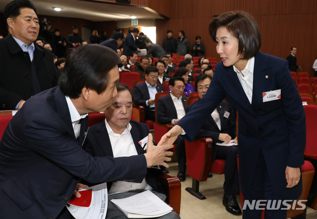 【과천=뉴시스】고승민 기자 = 16일 오후 경기 과천 국가공무원인재개발원에서 열린 자유한국당 국회의원 연찬회에서 나경원 원내대표가 김병준 비대위원장을 지나 동료 의원과 인사를 나누고 있다. 2019.01.16.kkssmm99@newsis.com
