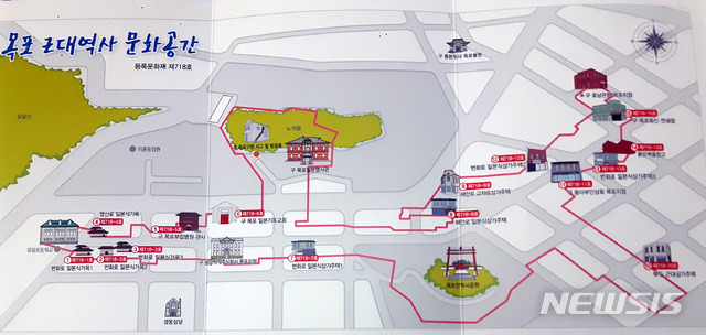 【목포=뉴시스】박상수 기자 = 문화재청이 추진하는 '목포 근대역사문화공간' 재생 활성화 사업지구. 사진은 문화재청이 지난해 8월 사업지구내 등록문화재로 지정한 15곳의 일본식 가옥과 상가 위치도. 2019.01.16. parkss@newsis.com