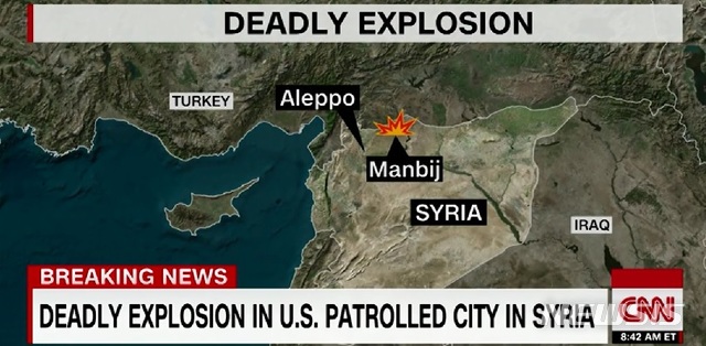 【로스앤젤레스=뉴시스】 시리아 주둔 미군이 중점적으로 배치돼 있는 시리아 북부 도시 만비즈에서 16일(현지시간) 수니파 무장조직 이슬람국가(IS)에 의한 자폭 공격으로 미군 4명을 포함해 16명이 숨졌다. <사진=CNN 방송화면 캡처> 2019.01.16 