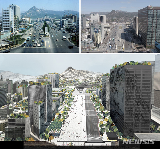 【서울=뉴시스】이윤청 수습기자 = 서울시가 새로운 광화문광장의 미래 청사진인 국제설계공모 최종 당선작을 발표했다. 당선작은 70:1의 경쟁률을 뚫은 'Deep Surface(과거와 미래를 깨우다)' (CA조경, 김영민(서울시립대 조경학과), ㈜유신, ㈜선인터라인 건축). 서울시는 당선자와 설계범위 등에 대해 구체적으로 협의한 뒤 2월 중 설계계약을 체결, 연내 설계를 마무리하고 내년 초 공사에 들어가 2021년 준공한다는 계획이다. 사진 왼쪽부터 시계방향으로 1974년의 광화문 전경, 현재 광화문 전경, 당선작 'Deep Surface' 중 조감도. 2019.01.21. (사진=서울시 제공) photo@newsis.com