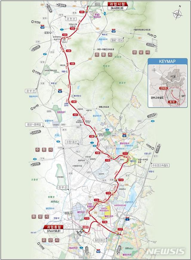 【안양·의왕=뉴시스】 박석희 기자 = 인덕원역과 동탄을 연결하는 인덕원~동탄선 노선도.